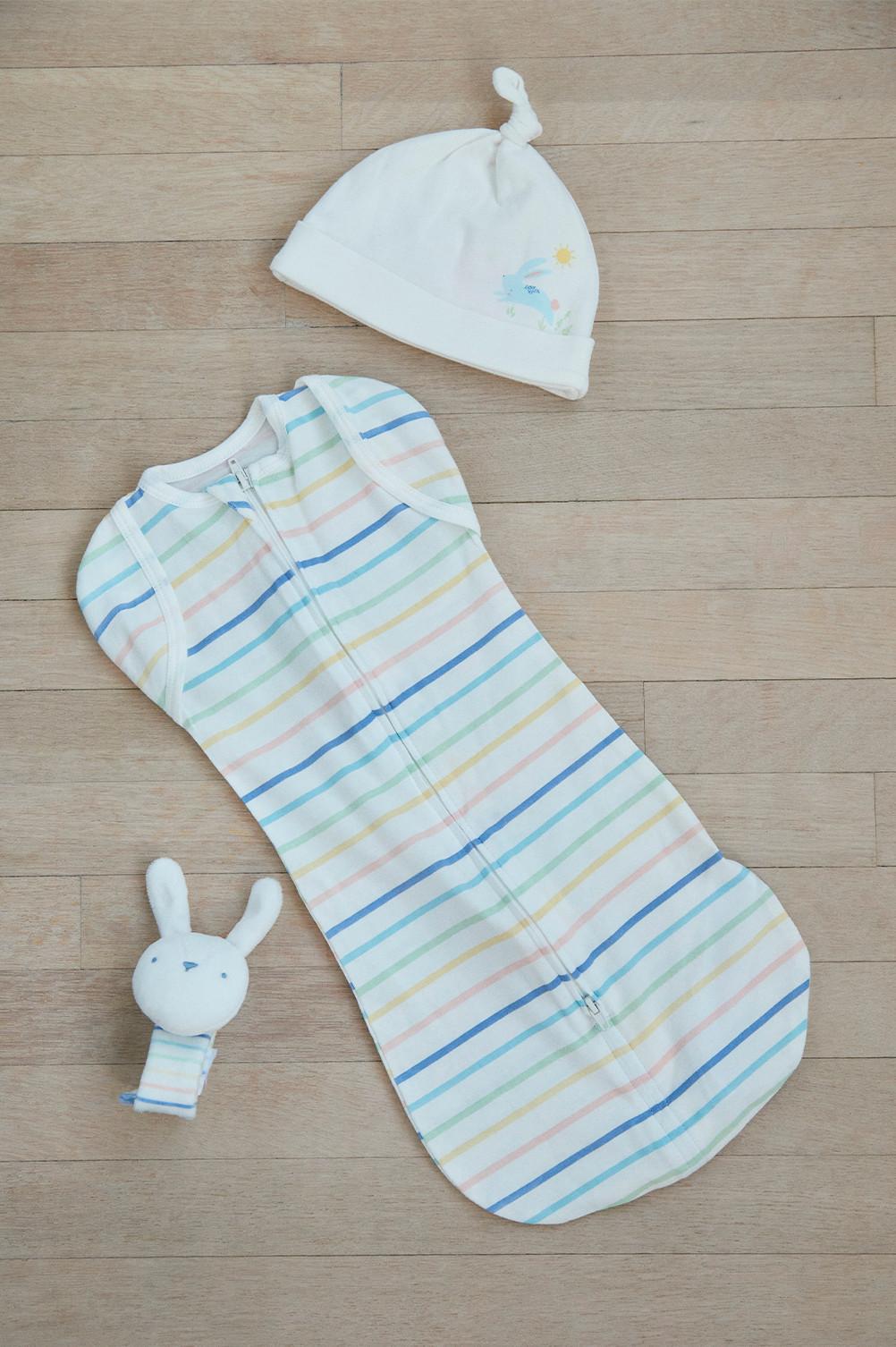 Striped baby sleeping bag set, with matching white hat and bunny toy